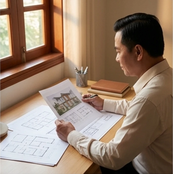 Nam giới trung niên kiểm tra hồ sơ đầu tư bất động sản và bản đồ quy hoạch trên bàn làm việc