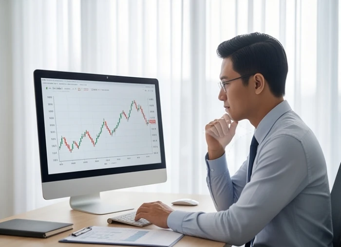 Nhà đầu tư cẩn trọng suy nghĩ trước các biểu đồ biến động chứng khoán và rủi ro tài chính mạo hiểm