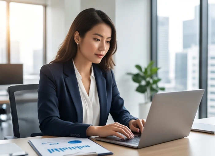 Nữ nhân viên văn phòng phân tích biểu đồ tăng trưởng tài chính trên máy tính xách tay với phong thái tự tin