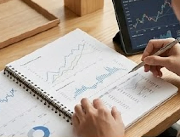 Một người đang cẩn thận phân tích biểu đồ tài chính trên sổ tay và máy tính bảng tại không gian làm việc