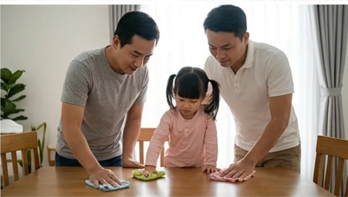 Người cha điềm tĩnh cùng con gái Nhâm Dần 2022 lau dọn bàn ăn sau khi bé làm rơi thức ăn ra sàn