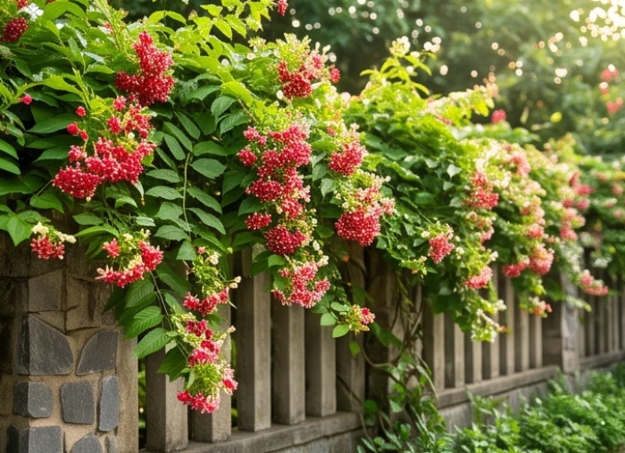 Giàn hoa sử quân tử nở rộ chùm đỏ hồng leo phủ kín mảng tường rào sân nhà cản nhiệt mát rượi