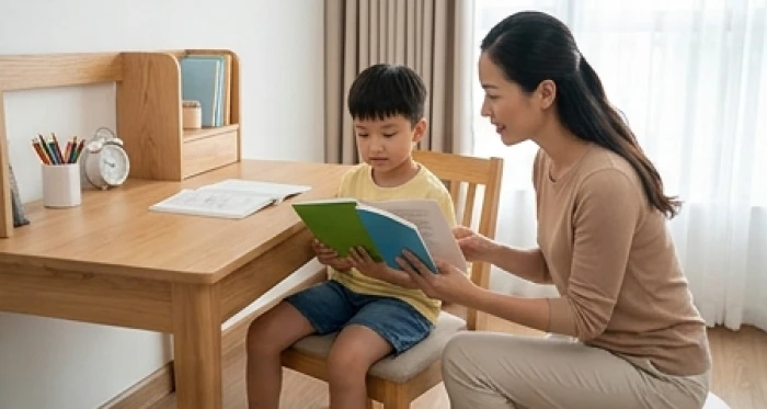 Người mẹ ngồi ngang tầm mắt nhẹ nhàng trò chuyện và hướng dẫn bé trai tuổi canh tý chọn bài tập tại bàn học