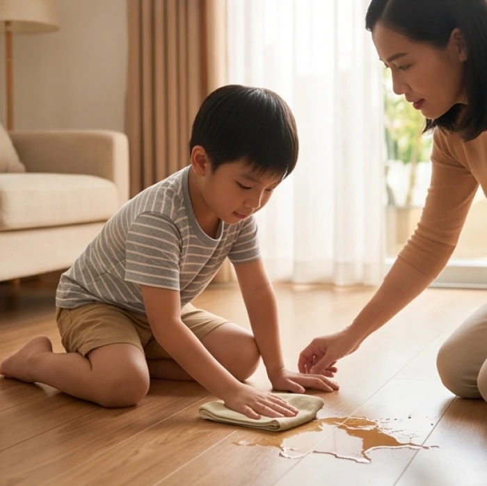 Bé trai tự giác dùng khăn lau sạch vết nước đổ trên sàn nhà dưới sự hướng dẫn của mẹ
