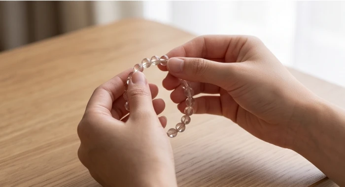 Bàn tay đang đếm số lượng hạt trên chiếc vòng đá phong thủy để đảm bảo rơi vào cung Sinh cát tường