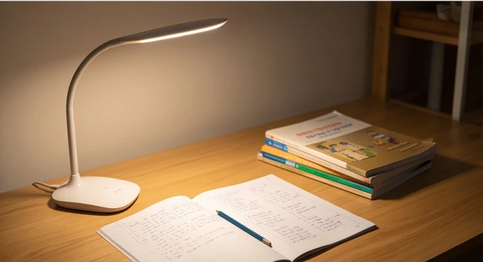 Góc học tập ấm áp với chiếc đèn bàn ánh sáng trung tính giúp bảo vệ thị lực cho bé khi học buổi tối