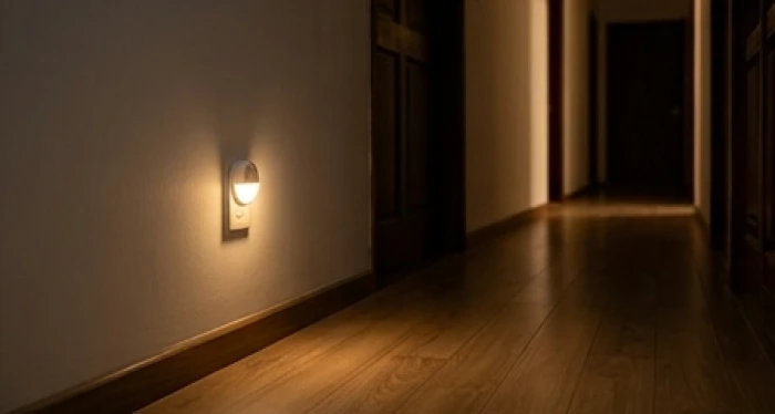 Chiếc đèn led cảm ứng phát ra ánh sáng vàng dịu nhẹ dọc theo lối đi từ giường ngủ đến nhà vệ sinh trong không gian tối