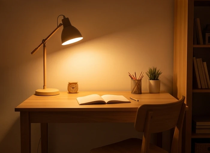 Góc học tập sử dụng đèn ánh sáng vàng ấm áp giúp sưởi ấm không gian cho trẻ sinh vào mùa Đông