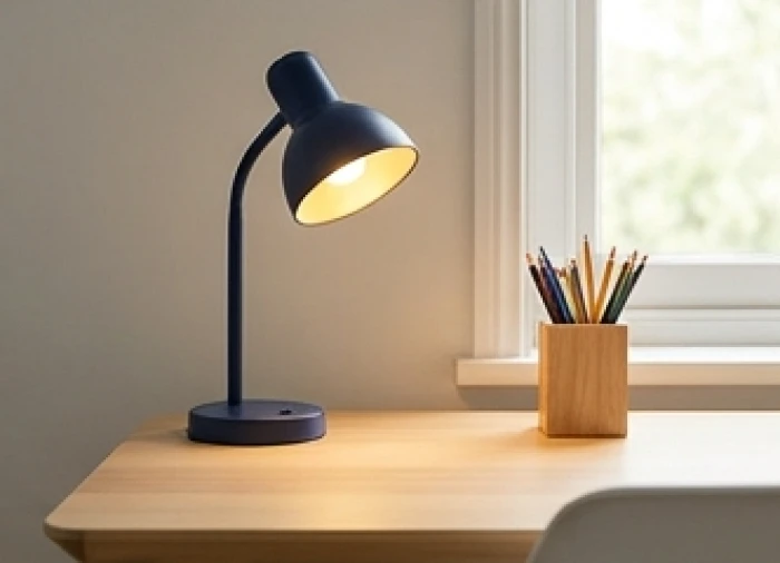 Bàn học bằng gỗ trang bị chiếc đèn nhựa màu xanh dương phát ra ánh sáng vàng ấm áp dễ chịu