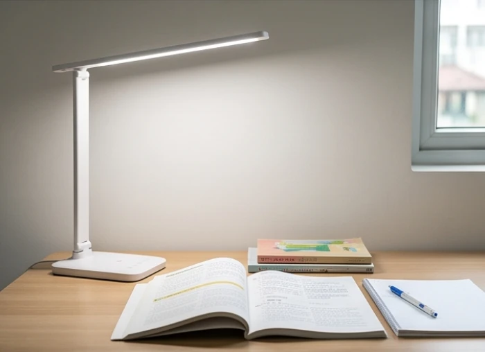 Chiếc đèn bàn LED tỏa ánh sáng 4000K tự nhiên trên mặt bàn học của trẻ tuổi bính thân 2016 giúp chống mỏi mắt