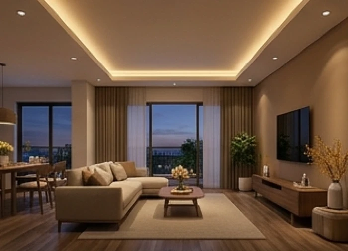 Hệ thống đèn chiếu sáng ánh vàng ấm 3000K giữ nguyên độ trung thực của màu sơn tường ấm cúng cho phòng sinh hoạt