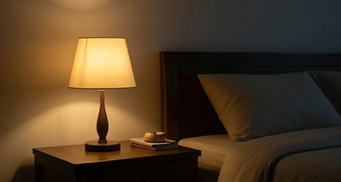 Chiếc đèn ngủ nhỏ gọn phát ra ánh sáng vàng dịu nhẹ đặt trên chiếc tủ đầu giường bằng gỗ trong đêm tối