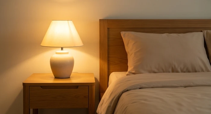 Đèn bàn phòng ngủ tỏa ánh sáng vàng êm dịu đặt trên táp đầu giường bằng gỗ xoan đào