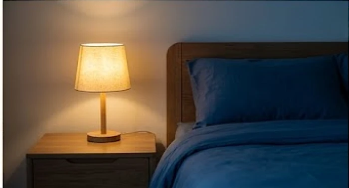 Chiếc đèn ngủ nhỏ phát ra ánh sáng vàng dịu nhẹ đặt cạnh giường có bộ chăn ga màu xanh dương