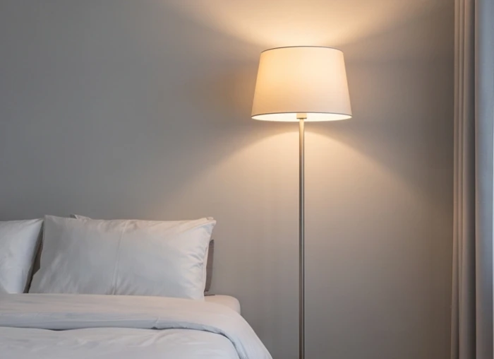 Góc đầu giường phòng ngủ chiếu ánh sáng đèn vàng ấm áp trên bức tường xám nhạt thư thái