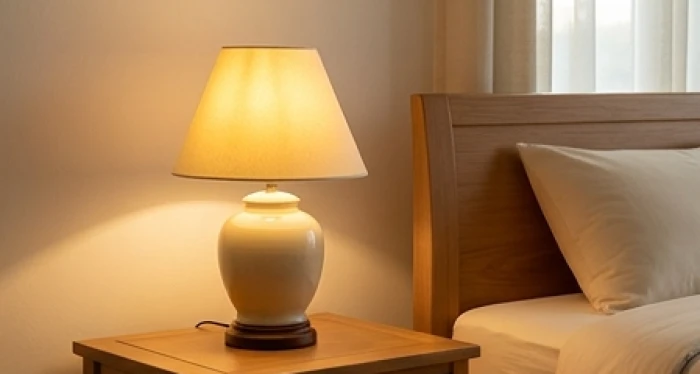 Đèn ngủ gốm sứ đất nung ánh sáng vàng dịu đặt đầu giường ngủ của người mệnh Bạch Lạp Kim