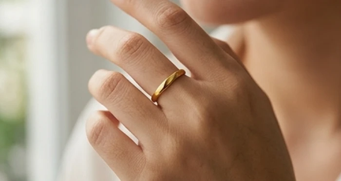 Bàn tay người phụ nữ đeo chiếc nhẫn vàng trơn thanh mảnh ở ngón trỏ để điều hướng dòng tiền