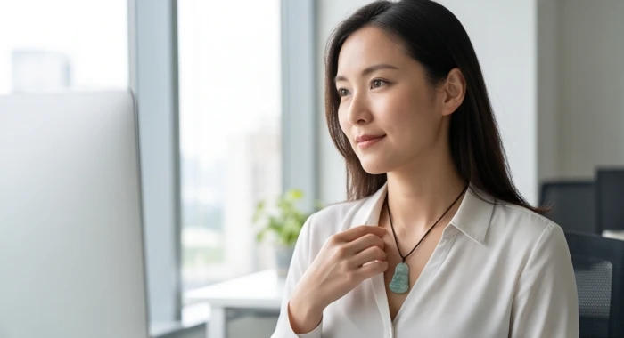 Người phụ nữ đeo mặt dây chuyền Phật bản mệnh đang mỉm cười thư thái khi làm việc