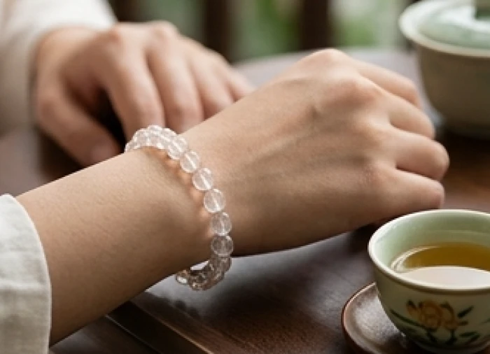 Chiếc vòng tay thạch anh hạt tròn nhỏ gọn được đeo trên cổ tay để bảo vệ trường khí cá nhân