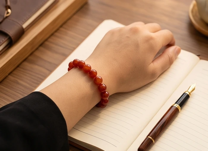 Người nam đeo chuỗi hạt mã não đỏ tự nhiên trên cổ tay trái khi ký kết hợp đồng