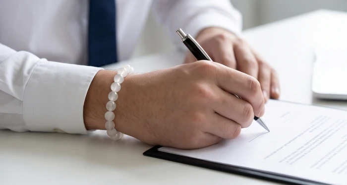 Chiếc vòng tay đá phong thủy sáng bóng được đeo sang trọng trên cổ tay trái trong buổi ký kết tài liệu