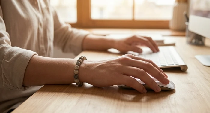 Nhân viên văn phòng dùng chuột tay phải và đeo vòng đá ở tay trái để không bị cấn mỏi khi làm việc