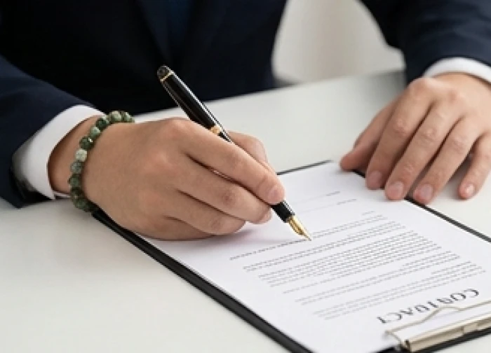 Doanh nhân đeo chiếc vòng phong thủy trên cổ tay trái khi đang cầm bút ký kết hợp đồng quan trọng