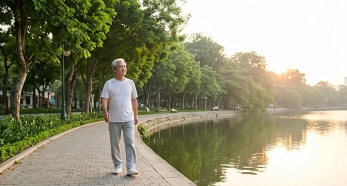 Cụ ông đi dạo bộ hít thở không khí trong lành bên bờ hồ buổi sáng sớm giúp làm dịu tâm trí