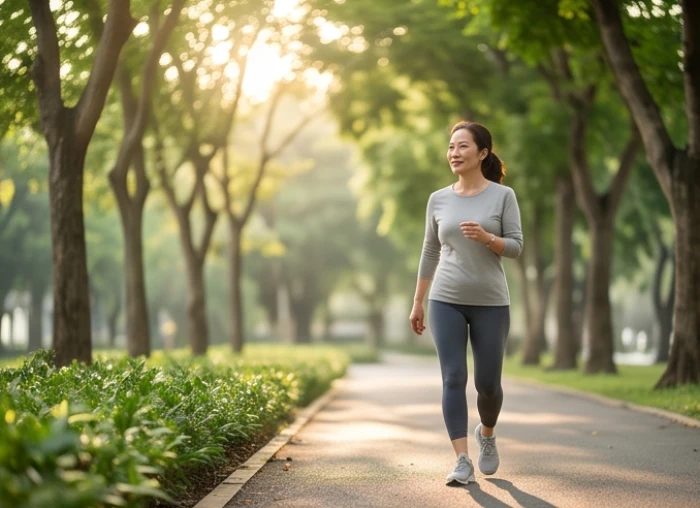 Phụ nữ trung niên rèn luyện sức khỏe bằng cách đi bộ thư thái trong công viên xanh mát vào khung giờ Mão