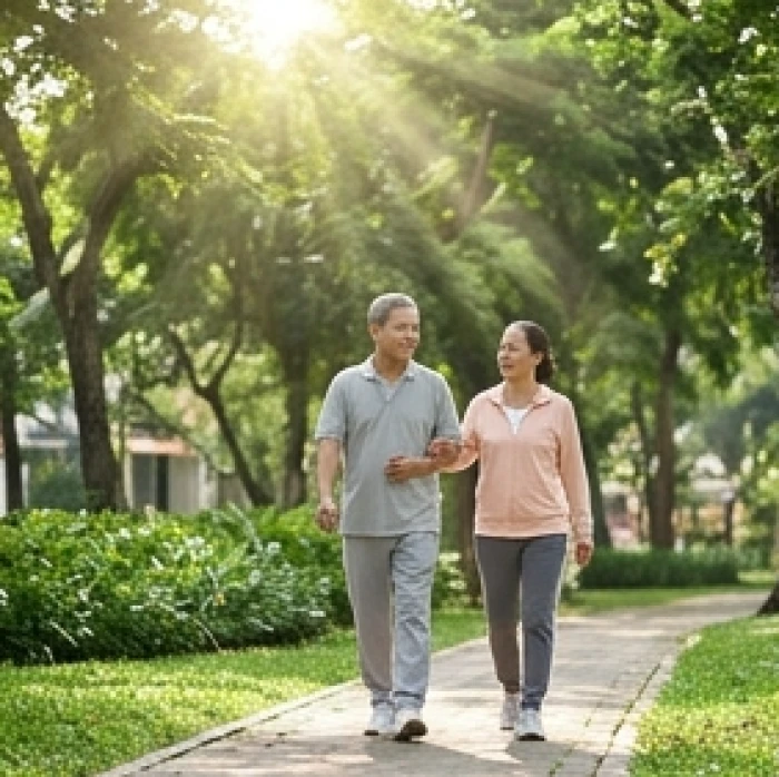 Hai vợ chồng người cao tuổi cùng đi bộ rèn luyện sức khỏe dưới bóng cây xanh mát trong công viên vào buổi sáng