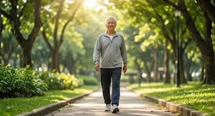 Người đàn ông cao tuổi mặc đồ thể thao đang đi bộ thư giãn trong công viên rợp bóng cây