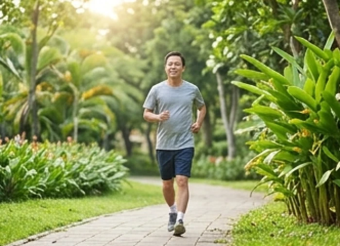 Người ở độ tuổi trung niên 51 thong thả đi bộ thể dục buổi sáng trong công viên xanh mát