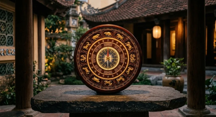 La bàn phong thủy cổ đại khắc biểu tượng 12 con giáp giúp người xem giải đáp khái niệm địa chi là gì