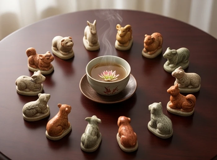 Tượng nhỏ bằng gốm sứ của mười hai con giáp được xếp theo vòng tròn cạnh một chén trà sen