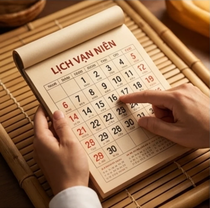 Bàn tay người đang đối chiếu các mốc thời gian trên một cuốn lịch vạn niên truyền thống.