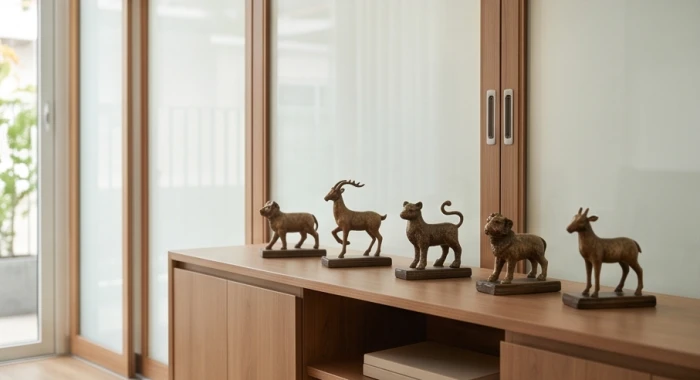Tượng 12 con giáp bằng đồng trang trí trên kệ tủ phòng khách nhấn mạnh nhóm tam hợp Thân Tý Thìn
