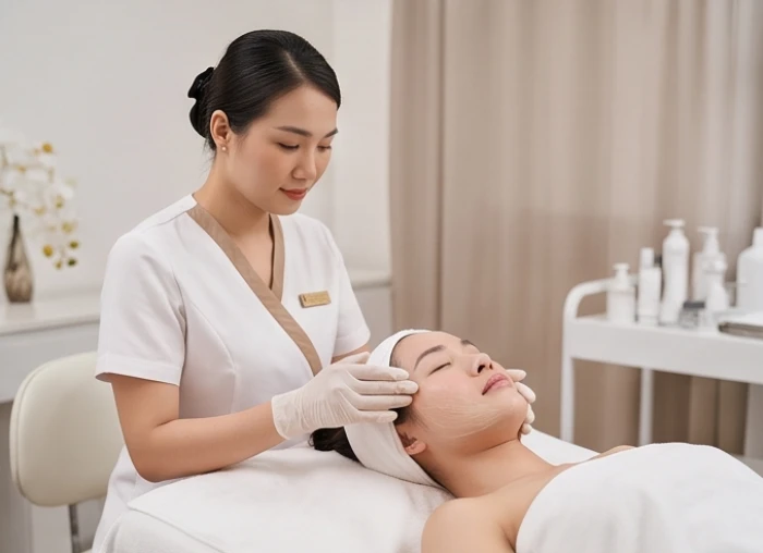Chuyên viên thẩm mỹ thực hiện thao tác chăm sóc da chính xác cho khách hàng trong không gian spa thanh lịch