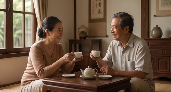 Hai người đối tác đang trò chuyện vui vẻ bên tách trà thể hiện sự chân thành và đáng tin cậy