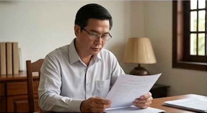 Người sinh năm 1965 chăm chú quan sát chi tiết tài liệu để đưa ra phân tích sắc bén