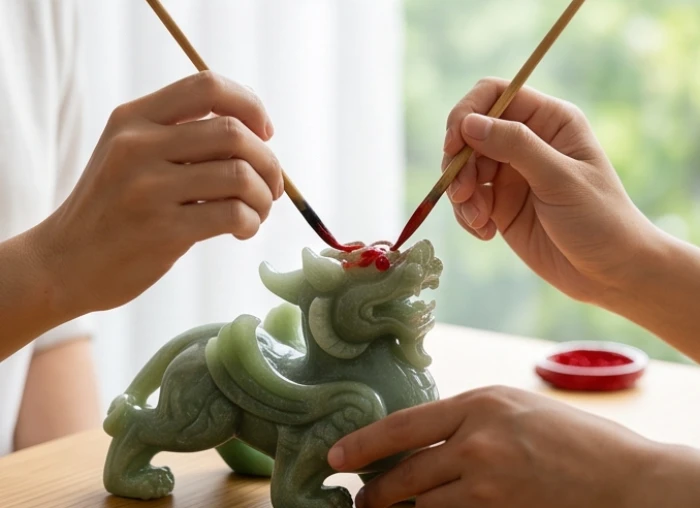 Thao tác dùng bút lông nhỏ chấm chu sa đỏ để khai quang điểm nhãn cho tượng Tỳ Hưu đá ngọc