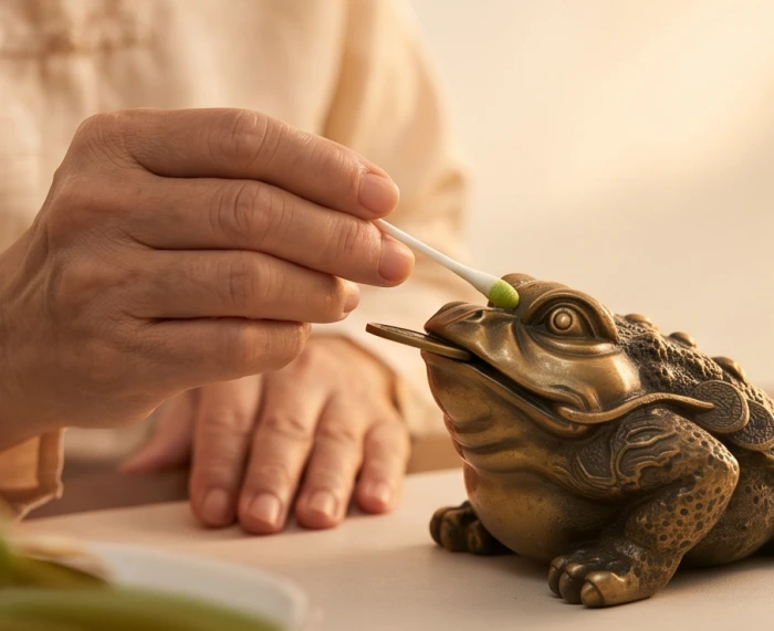 Bước điểm nhãn hai mắt tượng cóc thiềm thừ bằng nước chè xanh trong nghi thức khai quang nhận chủ tại nhà