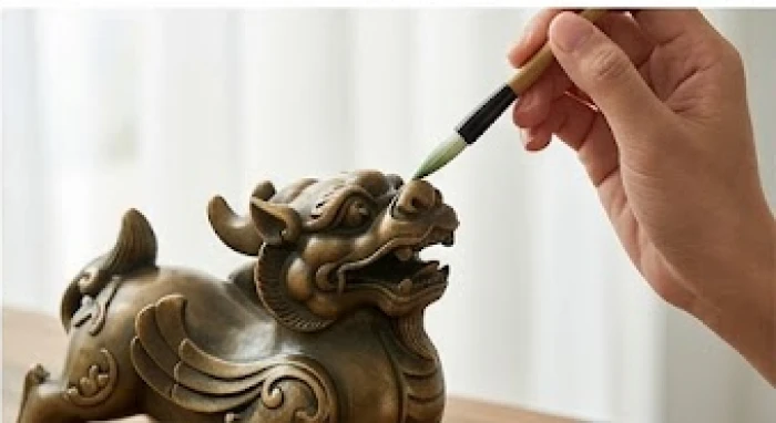 Quá trình dùng bút lông thấm nước trà xanh chấm nhẹ lên mắt tượng Tỳ Hưu để điểm nhãn