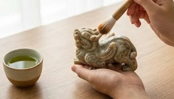Dùng cọ lông mềm nhúng nước trà xanh chấm nhẹ lên mắt tỳ hưu để hoàn tất nghi thức điểm nhãn