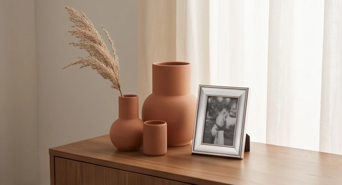 Một góc bàn gỗ trang trí lọ hoa gốm sứ nâu đất điểm xuyết bằng chiếc khung ảnh nhỏ màu bạc kim loại