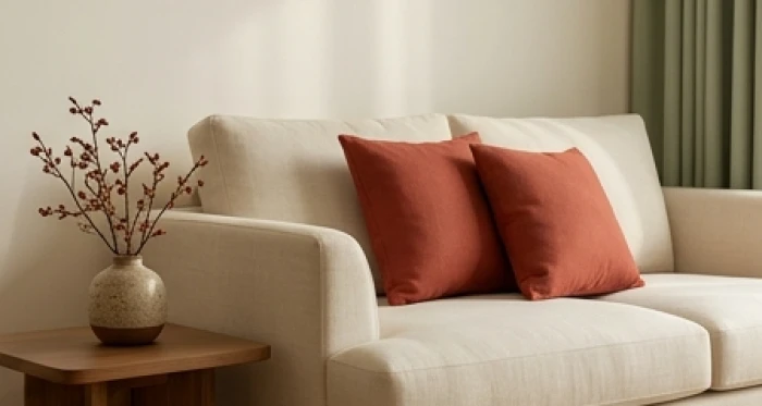 Gối tựa sofa đỏ rượu và bình hoa cam đất làm điểm nhấn phong thủy 10 phần trăm cho tuổi 1949