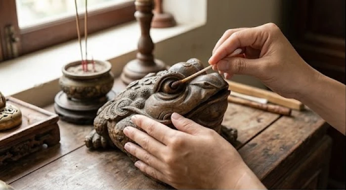 Bàn tay dùng tăm bông thấm nước trà xanh cẩn thận chấm nhẹ lên hai mắt của tượng cóc ba chân