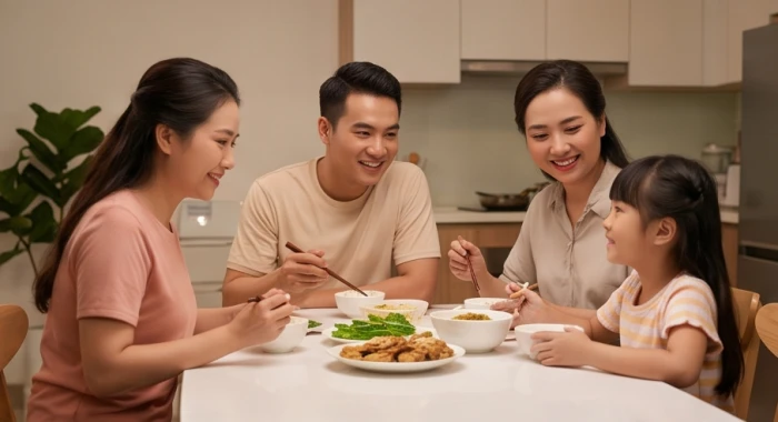 Gia đình nhỏ quây quần bữa cơm vui vẻ trong nhà bếp ấm cúng thể hiện sự bao dung hòa hợp giữa tuổi Tuất và Hợi