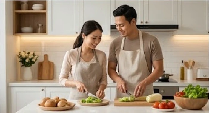 Vợ chồng chia sẻ việc nhà và trò chuyện vui vẻ trong gian bếp hiện đại với bầu không khí gia đình ấm cúng