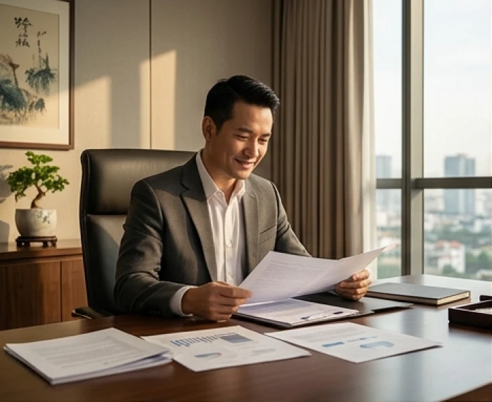 Nam doanh nhân Bính Dần ở giai đoạn đỉnh cao công danh kiểm tra hồ sơ đầu tư bất động sản và tài sản cố định tại văn phòng