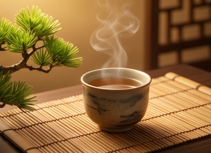 Tách trà đạo bốc khói nhẹ nhàng bên cạnh cành cây xanh tươi tượng trưng cho hậu vận an nhàn